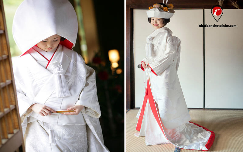 Trang phục truyền thống Nhật Bản: Trên Shiromaku được thêu các hoa văn bằng chỉ trắng