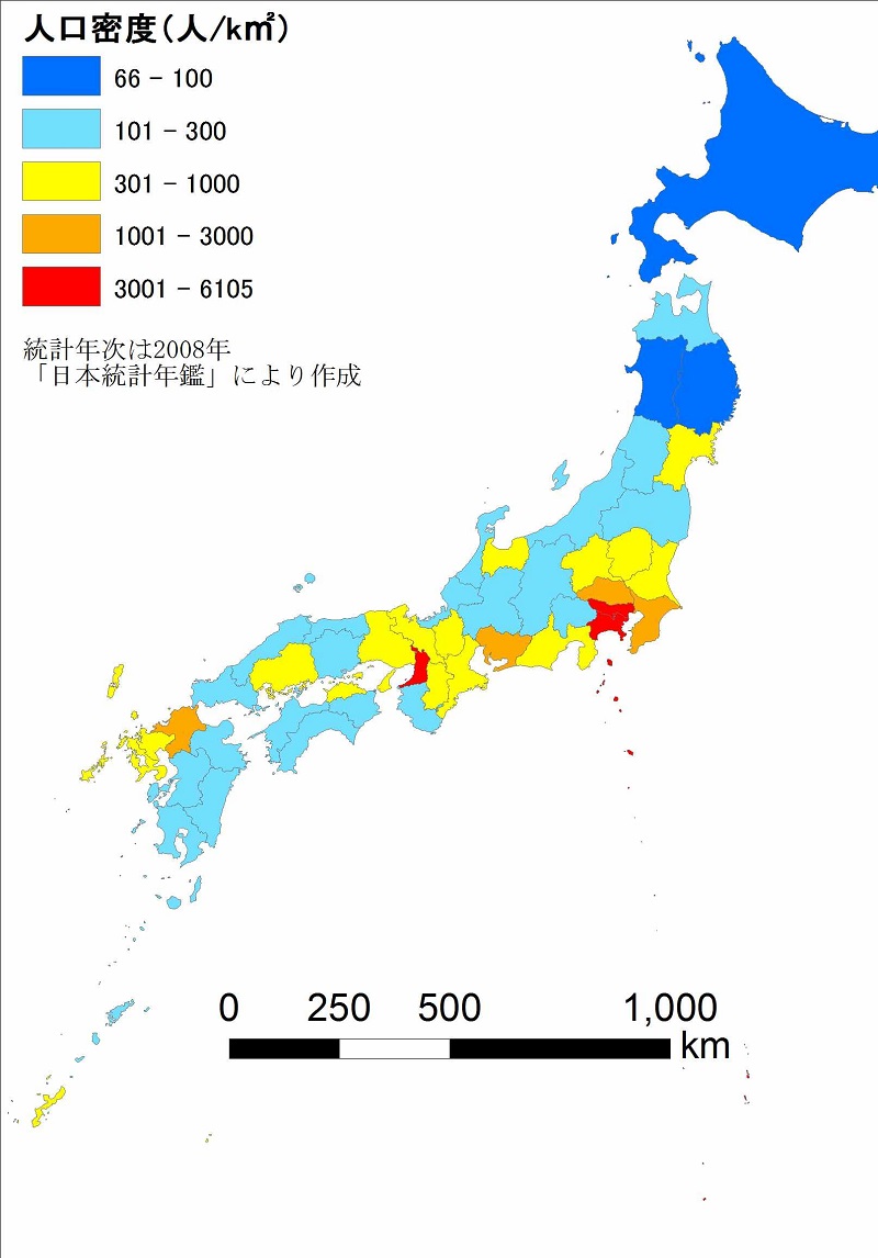 Bản đồ mật độ dân số tại Nhật Bản